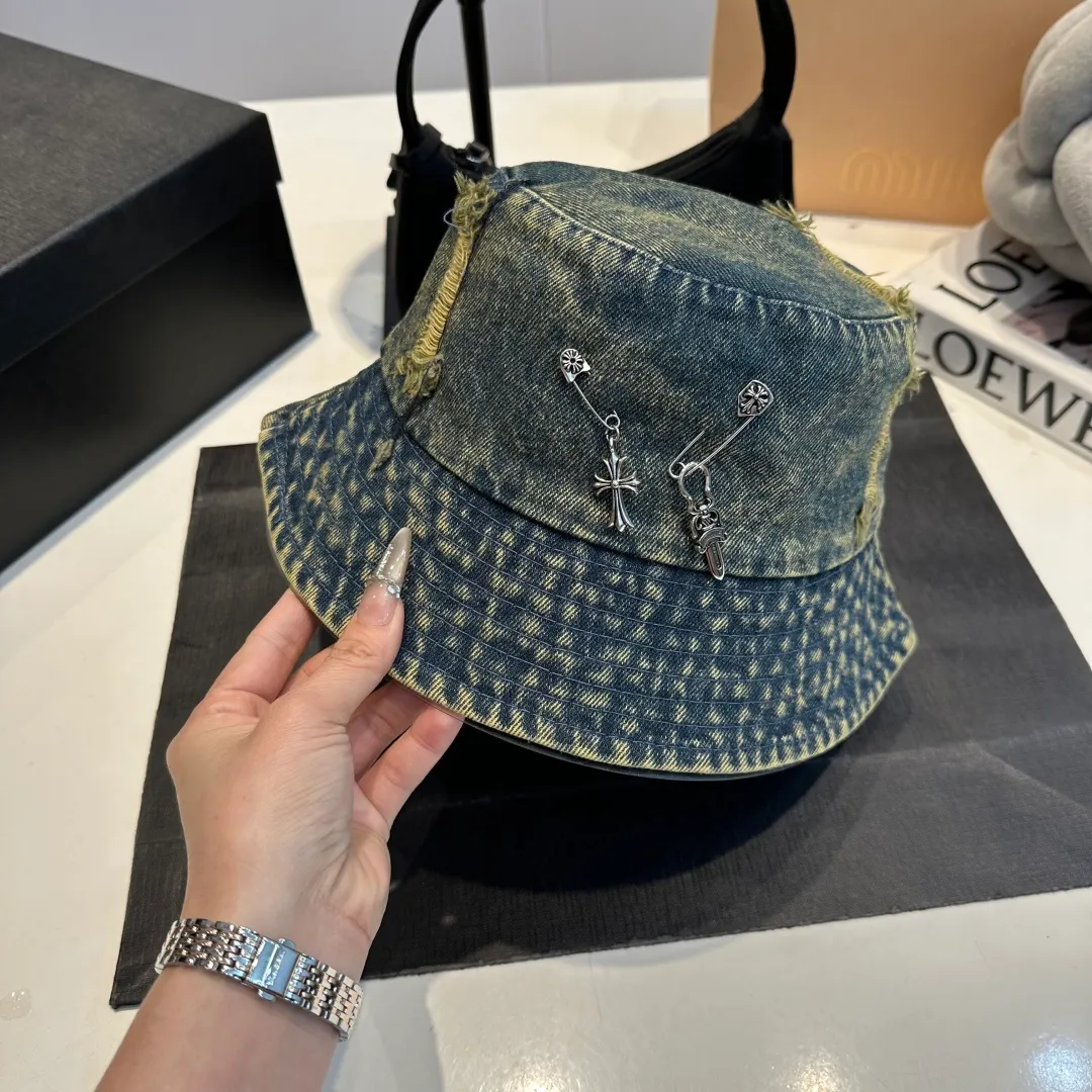 P60 Croxin spring and summer new denim fisherman hat, retro old street style, washed and torn edges, photo-taking item